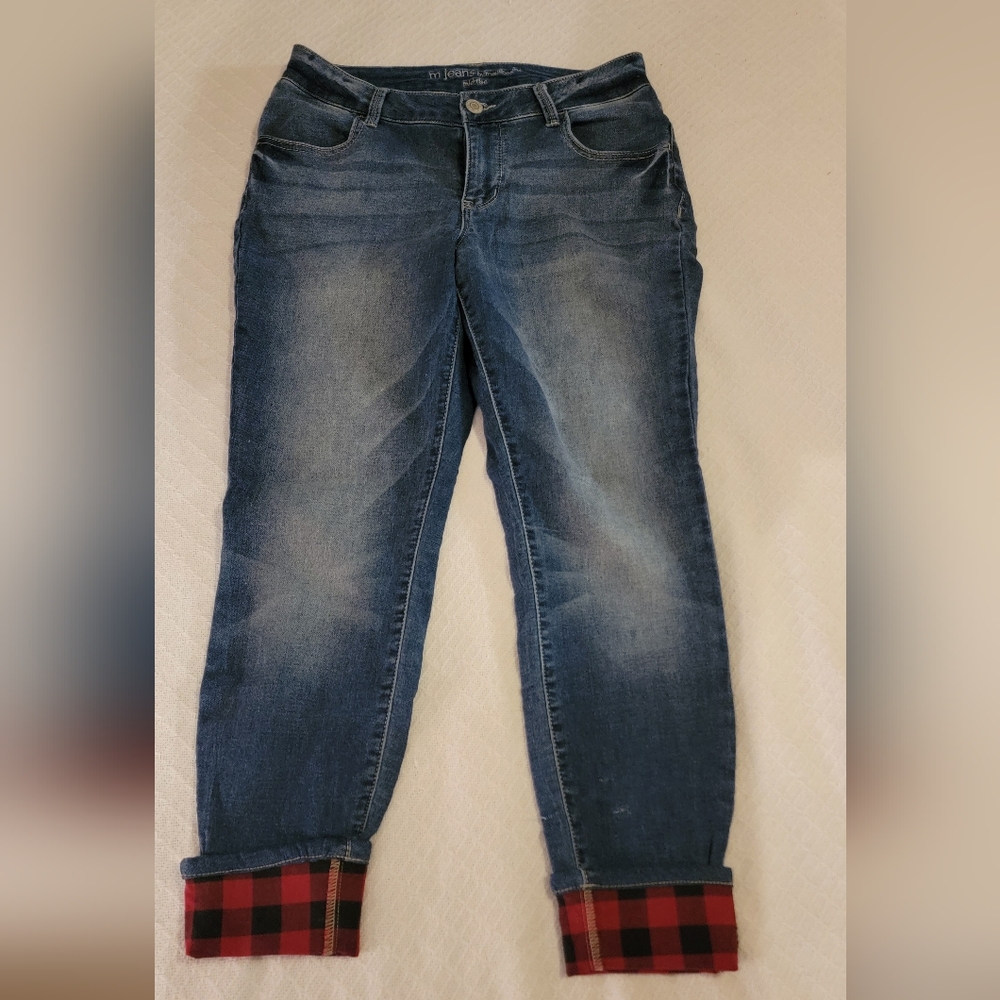 Maurices Blue Jeans with Red Plaid Cuffs